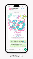 Pool Party Invite Girl 10th Birthday Editable Flamingo Unicorn Template, INSTANT DOWNLOAD