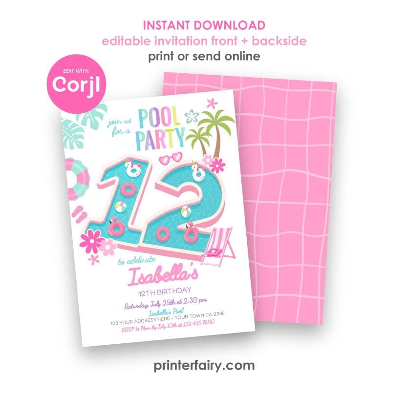 Pool Party Invitation, 12th Birthday Girl, Summer Splash Bash (Digital Download)