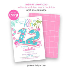 Pool Party Invitation, 12th Birthday Girl, Summer Splash Bash (Digital Download)