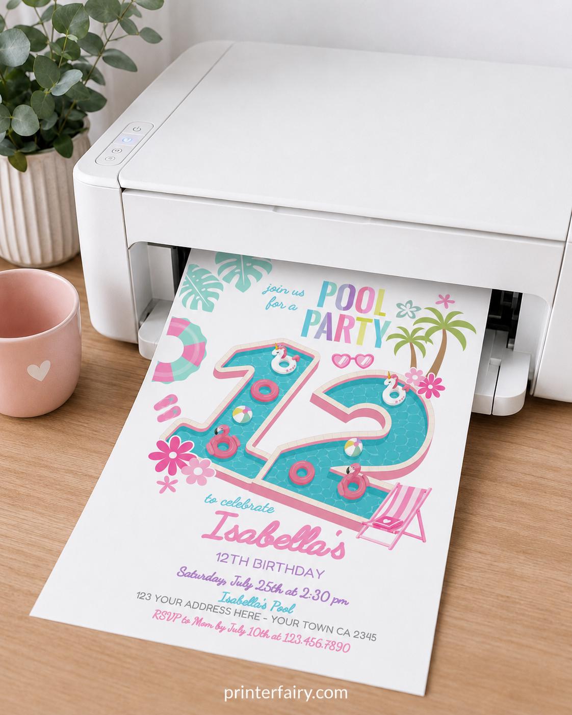 Pool Party Invitation, 12th Birthday Girl, Summer Splash Bash (Digital Download)