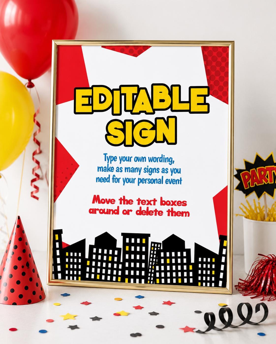 Superhero Birthday Party Sign Editable Template in two colors INSTANT DOWNLOAD