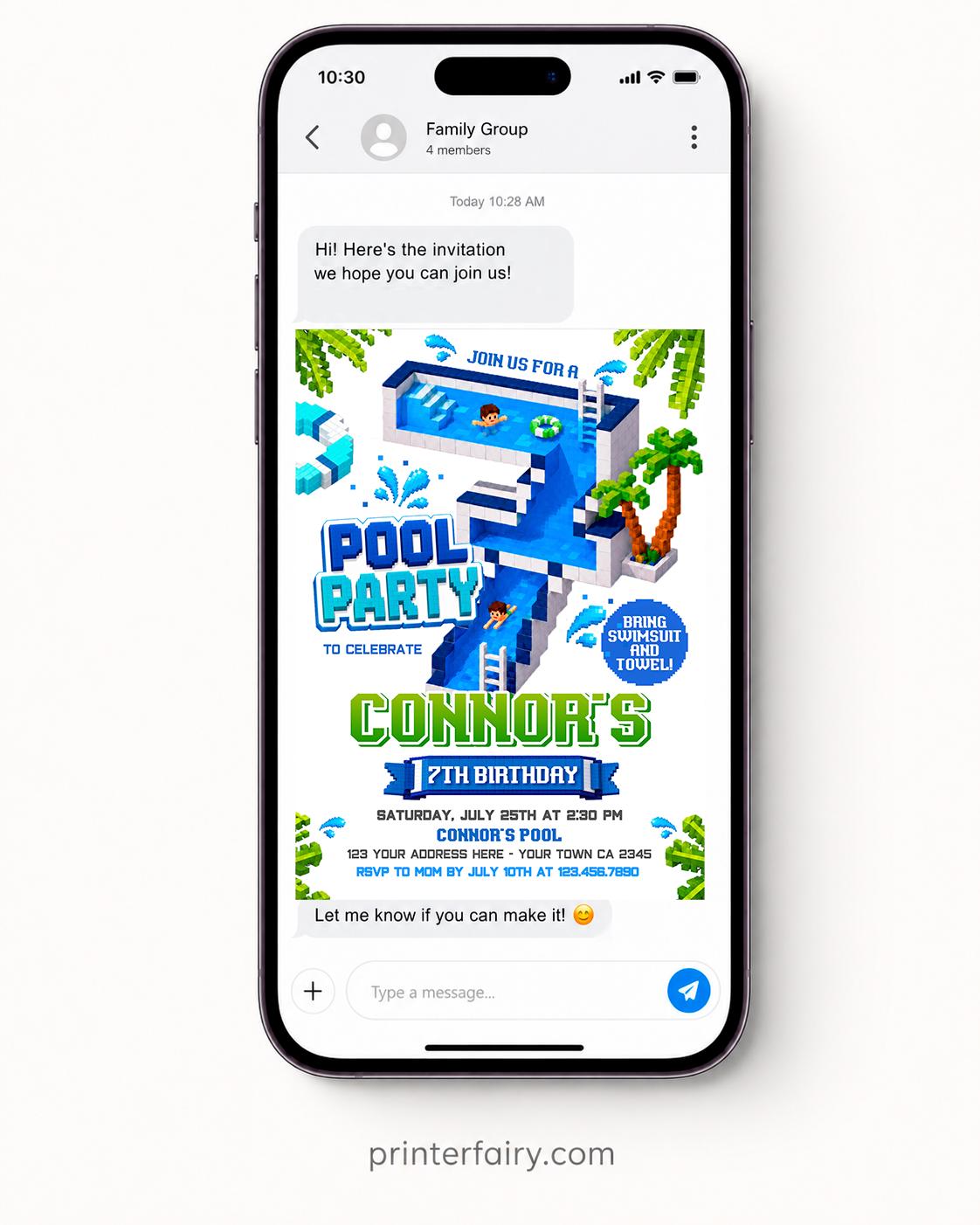 Pixel Pool 7th Birthday Party Invitation, Editable Video Game Invite Template, INSTANT DOWNLOAD