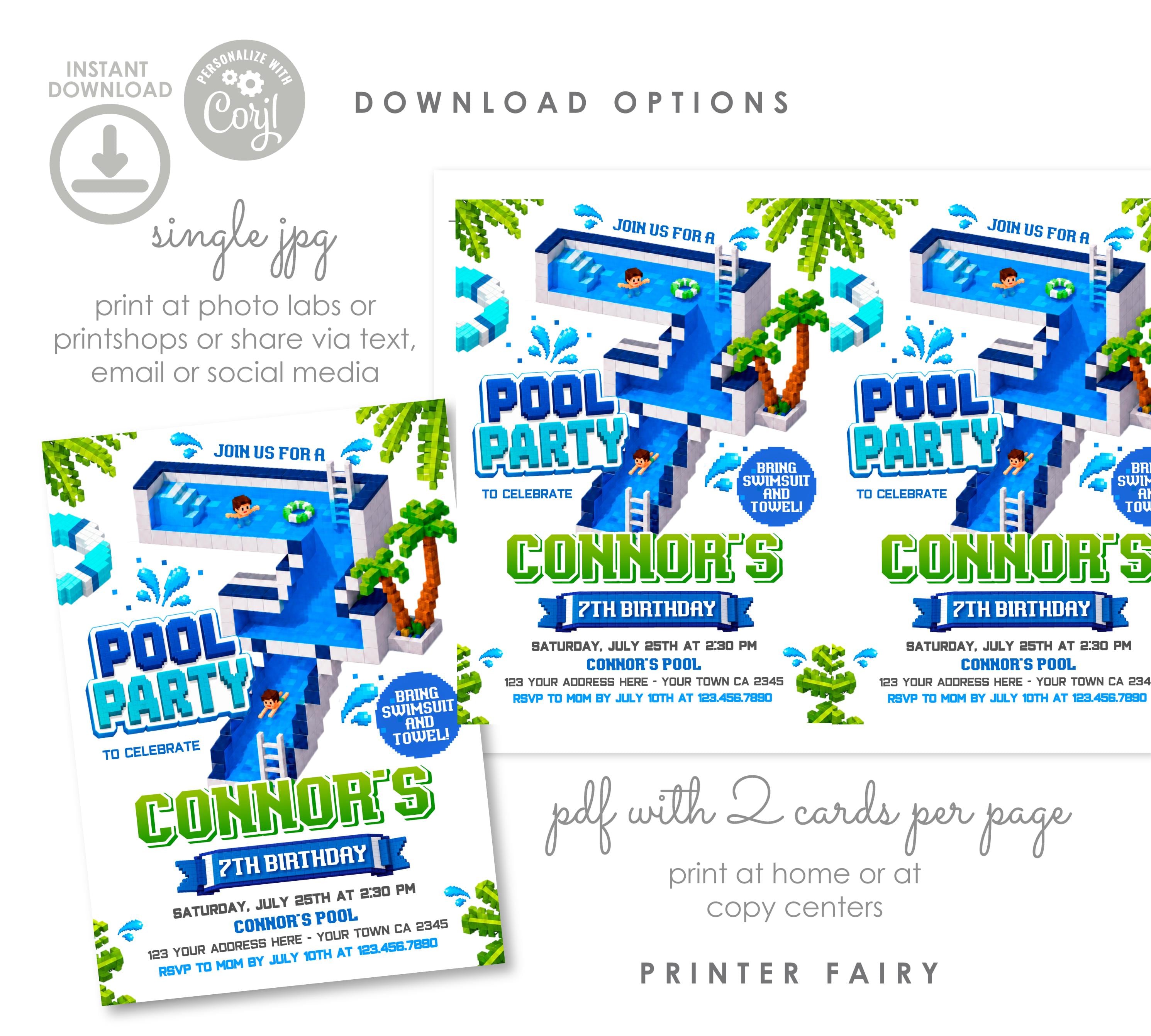 Pixel Pool 7th Birthday Party Invitation, Editable Video Game Invite Template, INSTANT DOWNLOAD