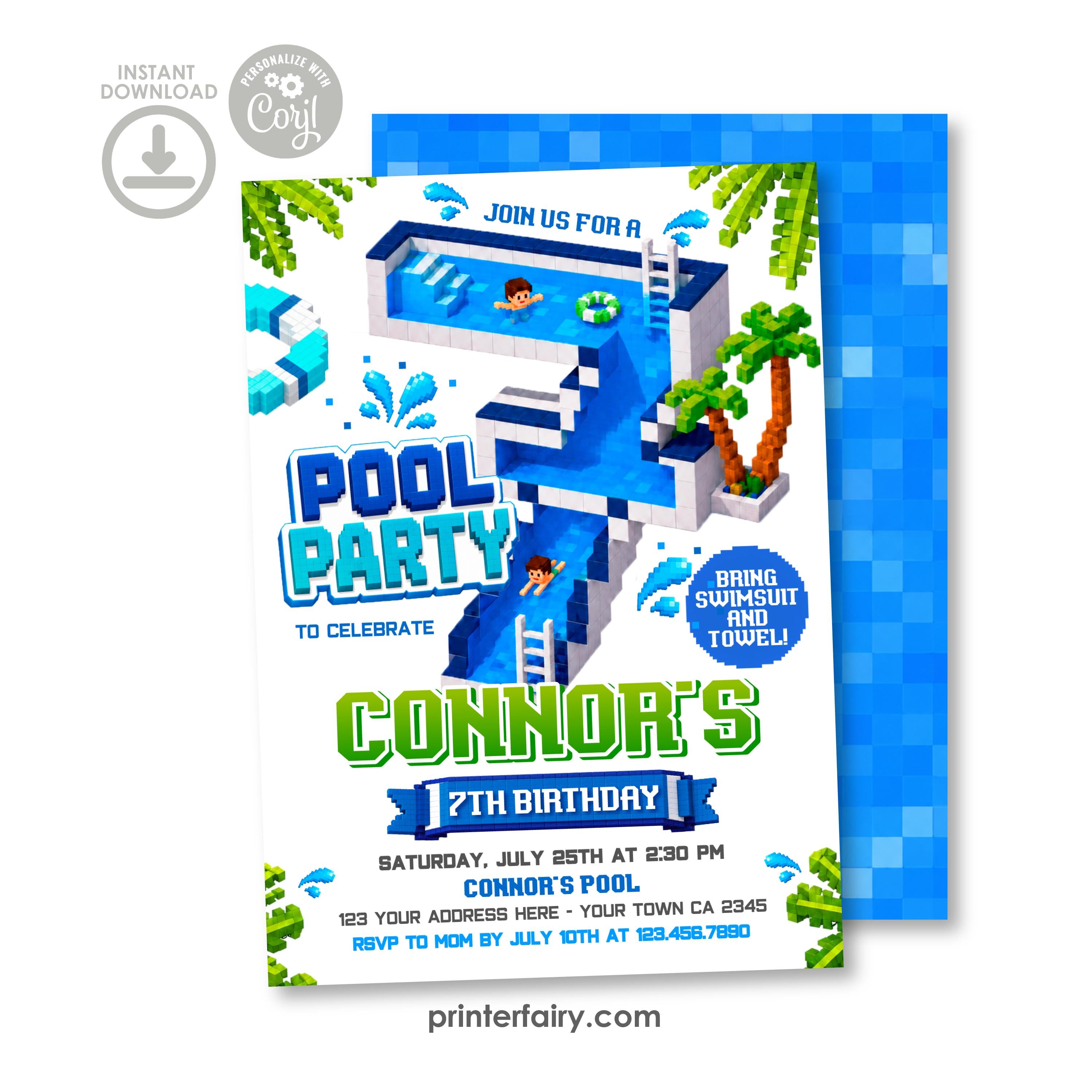 Pixel Pool 7th Birthday Party Invitation, Editable Video Game Invite Template, INSTANT DOWNLOAD