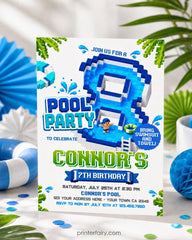 Boy Pool Party 8th Birthday Invitation, Editable Video Game Invite Template, INSTANT DOWNLOAD
