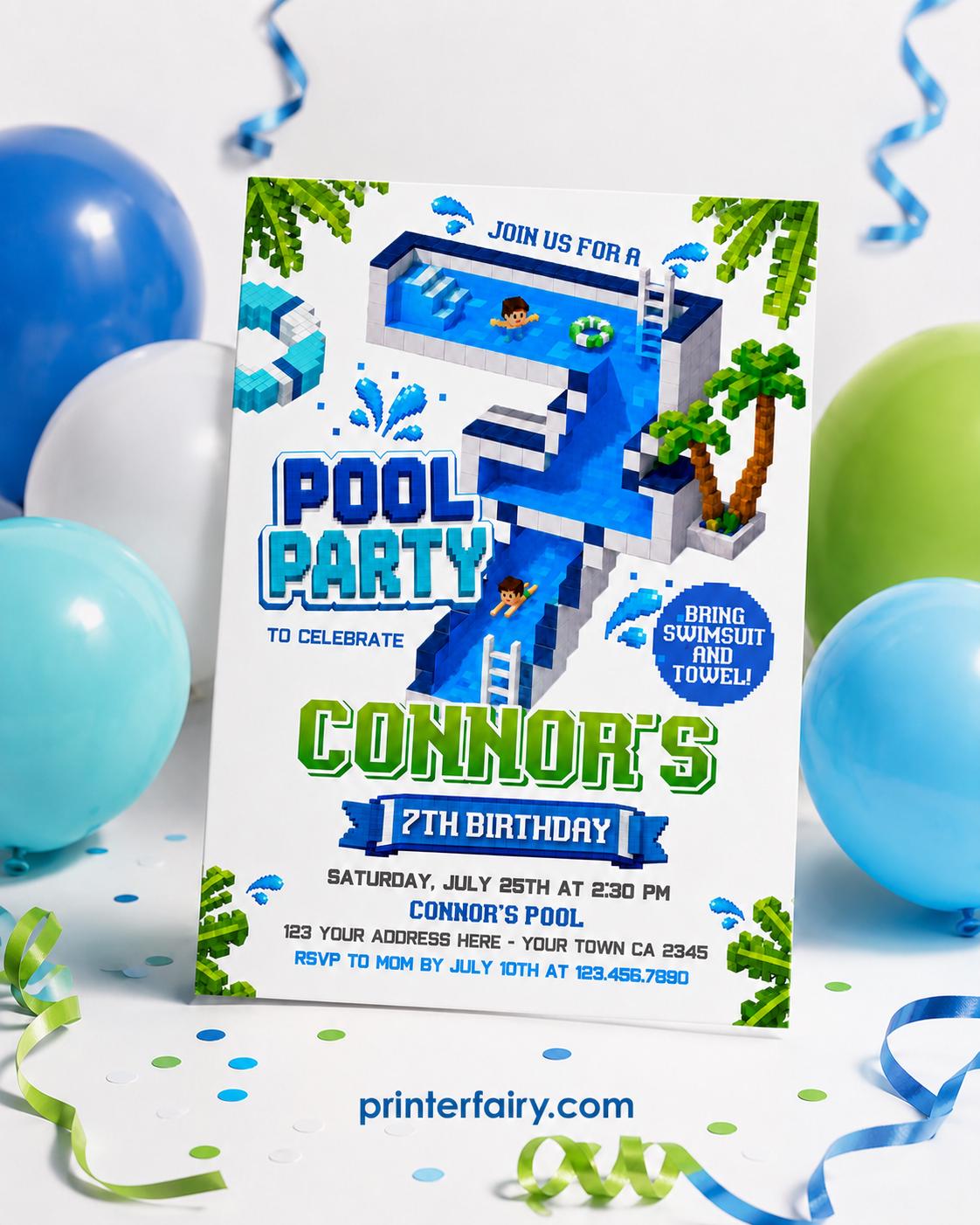 Pixel Pool 7th Birthday Party Invitation, Editable Video Game Invite Template, INSTANT DOWNLOAD