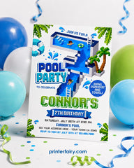 Pixel Pool 7th Birthday Party Invitation, Editable Video Game Invite Template, INSTANT DOWNLOAD