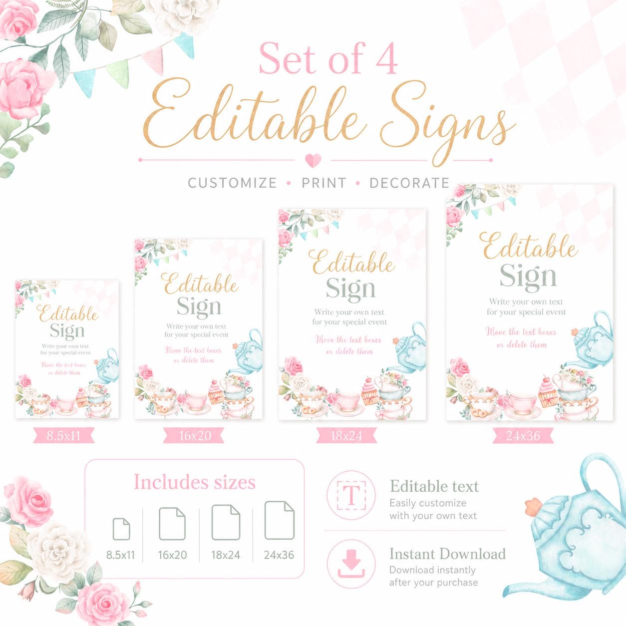 Tea Party Editable Sign Template, Par-Tea Decorations, INSTANT DOWNLOAD