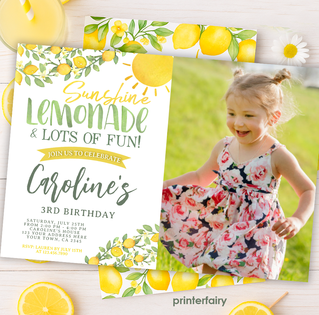 Sunshine Lemonade Birthday Invitation with photo