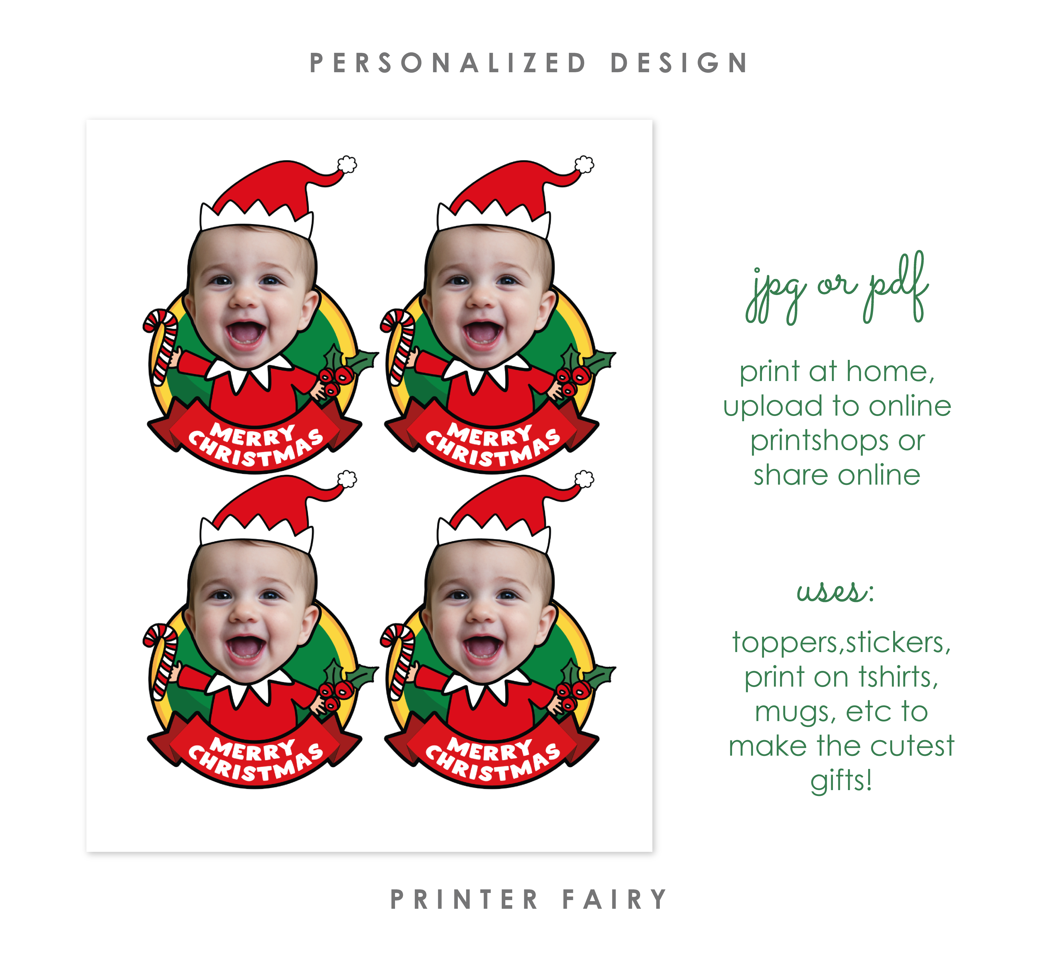 Christmas Elf Cupcake Topper with Photo