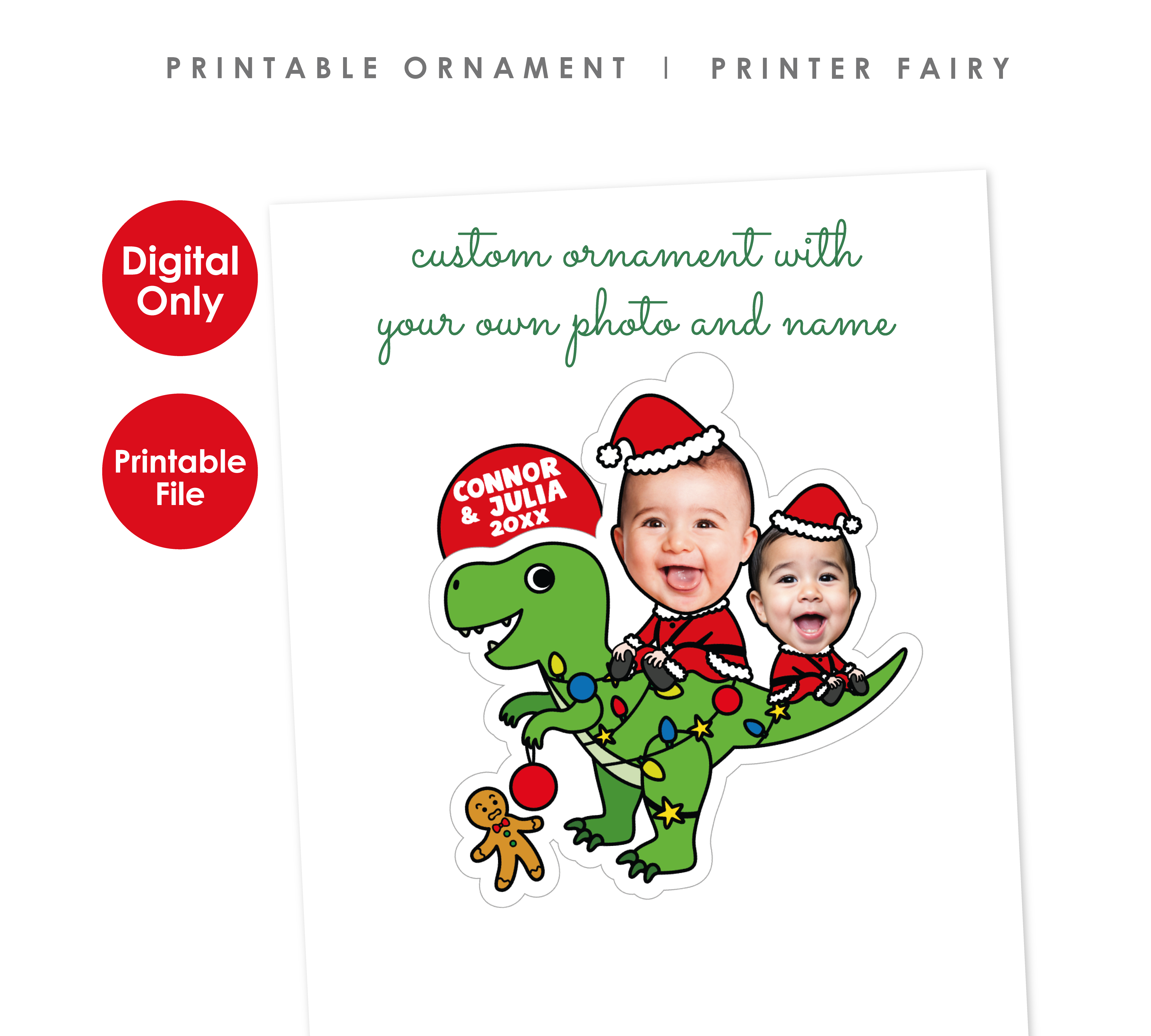 Christmas Dinosaur Ornaments for Siblings with Photo