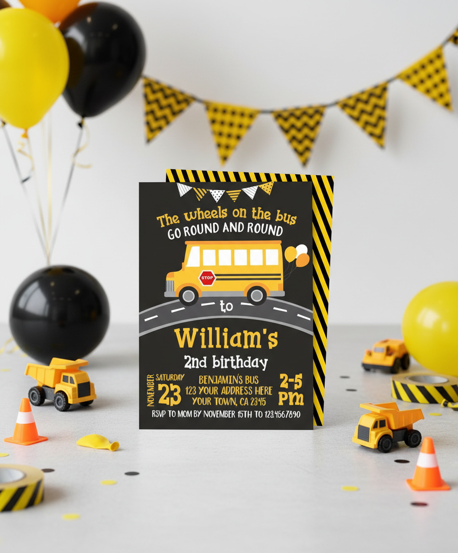 Wheels on the Bus Birthday Party Invitation