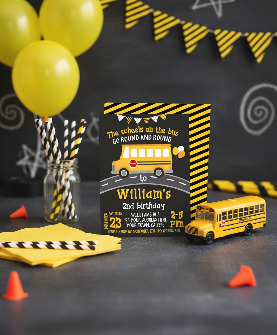 Wheels on the Bus Birthday Party Invitation with Photo