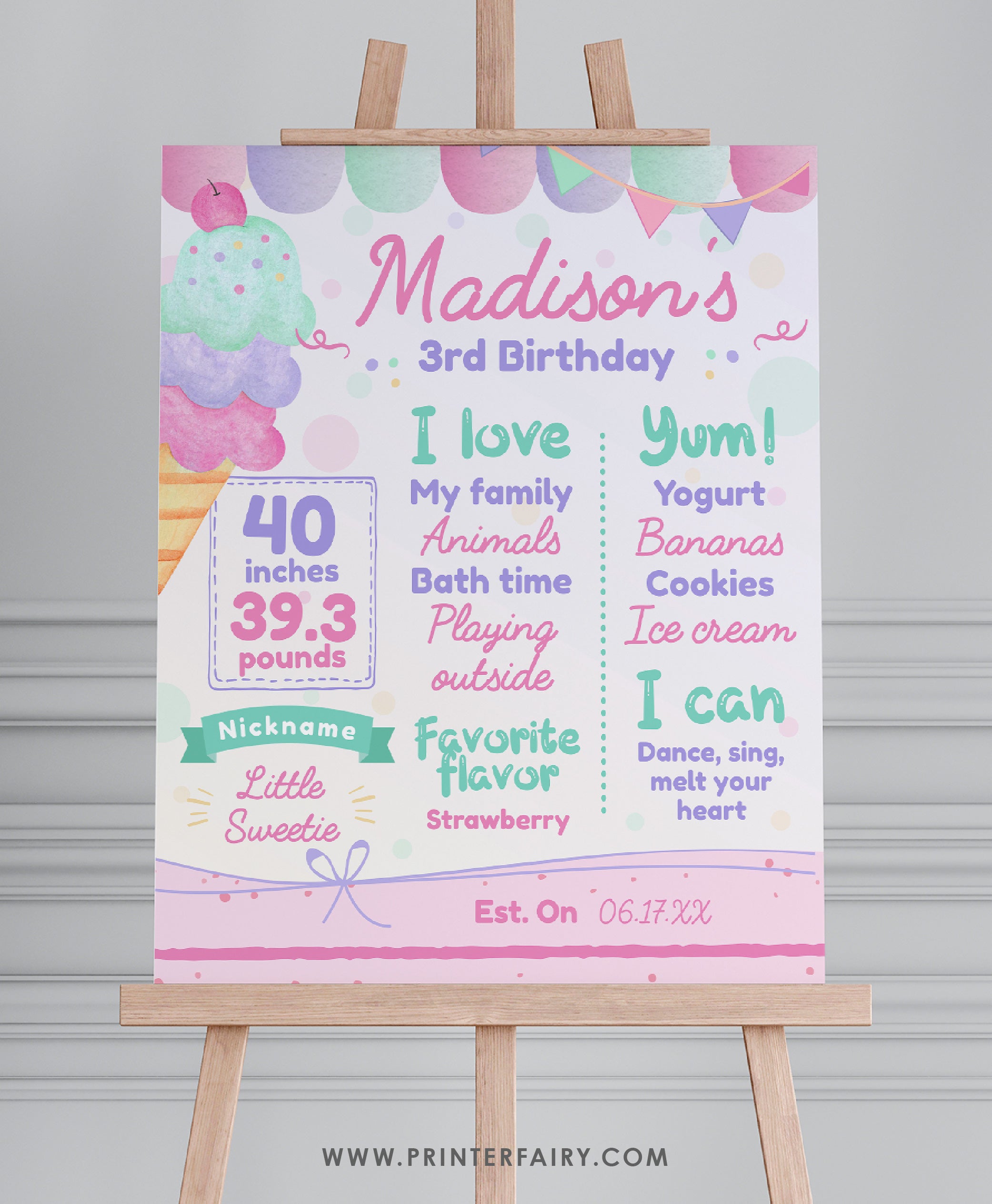 Ice Cream First Birthday Board Sign