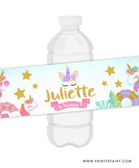 Unicorn Pool Birthday Party Water Bottle Label