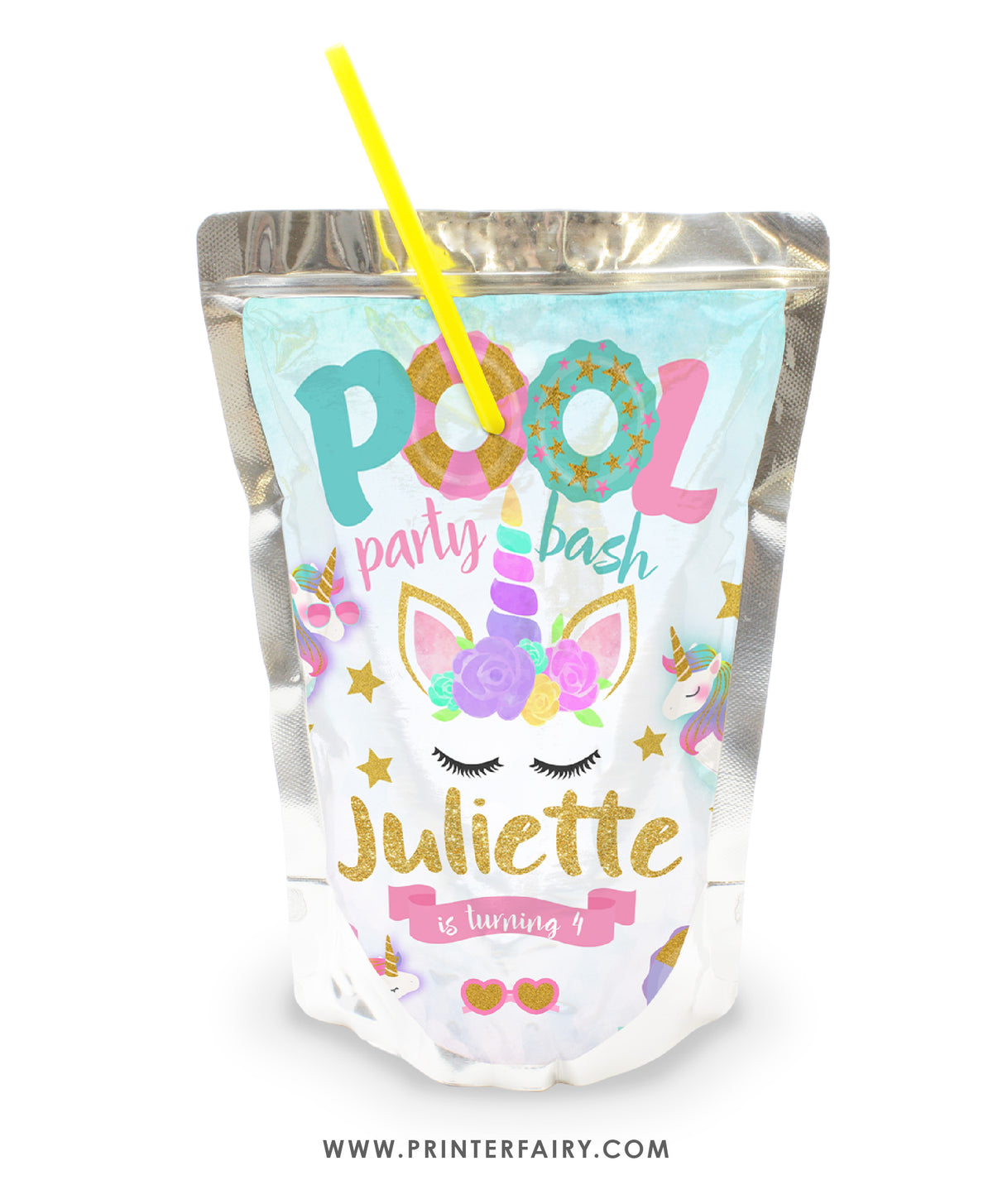 Unicorn Pool Birthday Party Drink Pouch Label