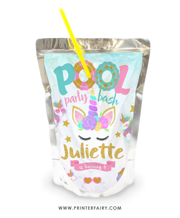 Unicorn Pool Birthday Party Drink Pouch Label