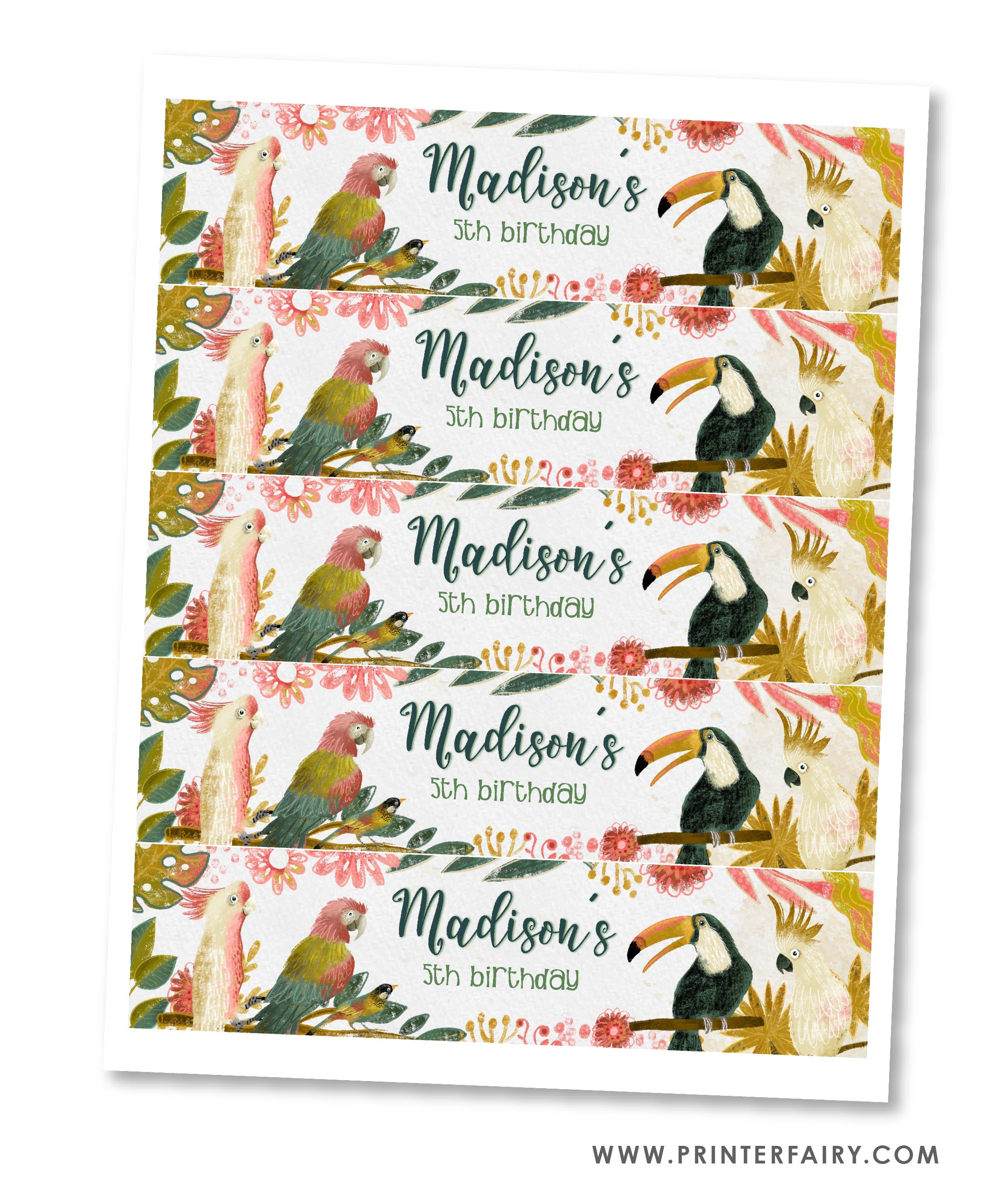 Tropical Birds Birthday Water Bottle Label