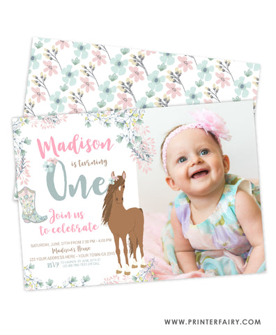 Floral Horse First Birthday Invitation with Photo