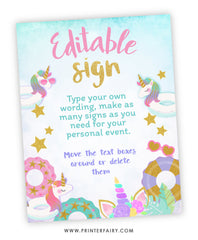 Unicorn Pool Birthday Party Editable Sign