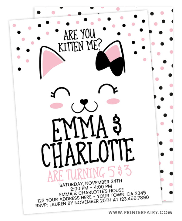 Kitty Cat Siblings Birthday Invitation