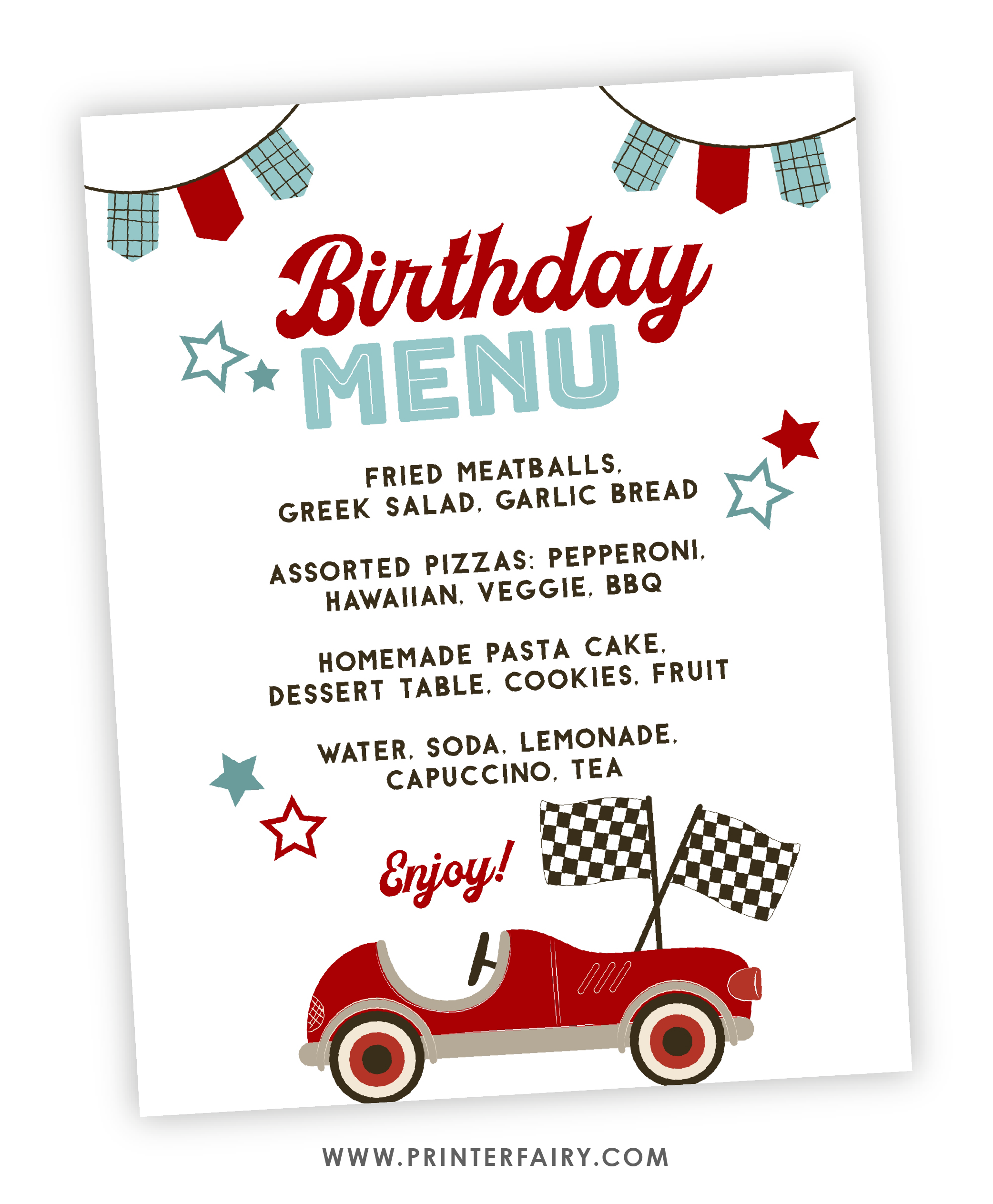 Race Car Party Menu | PrinterFairy