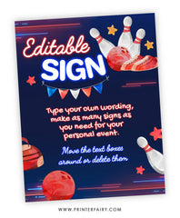 Bowling Birthday Party Editable Sign