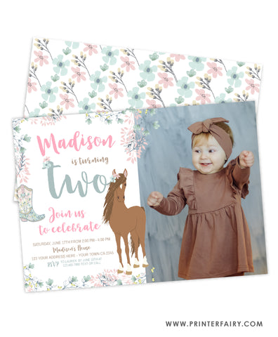 Floral Horse Second Birthday Invitation with photo