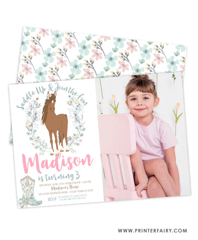 Floral Horse Birthday Invitation with Photo