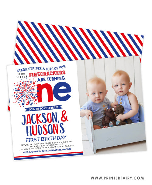 4th July First Birthday Invitation for Twins with photo