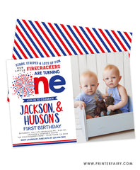 4th July First Birthday Invitation for Twins with photo