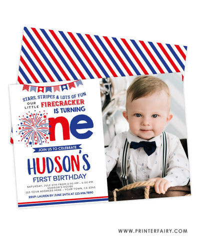 4th July First Birthday Invitation with photo