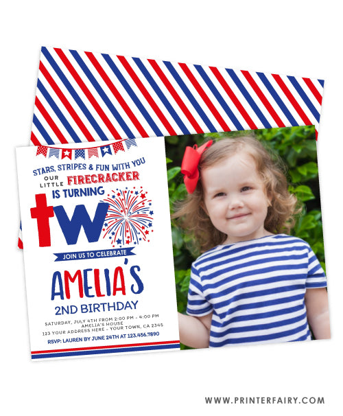 4th July Second Birthday Invitation with photo