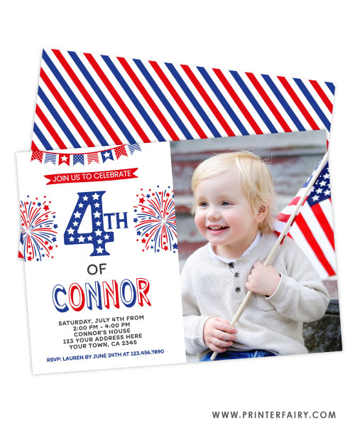 4th of July 4th Birthday Invitation with photo