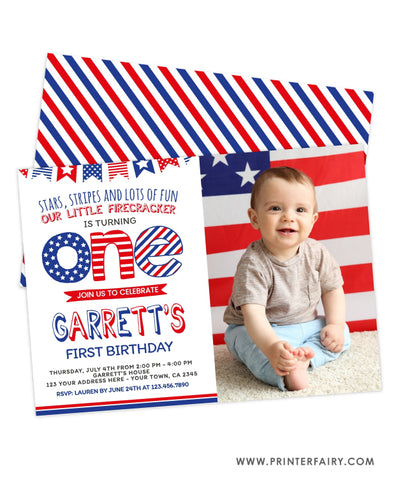 4th of July First Birthday Invitation with Photo