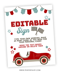 Race Car Birthday Party Editable Sign