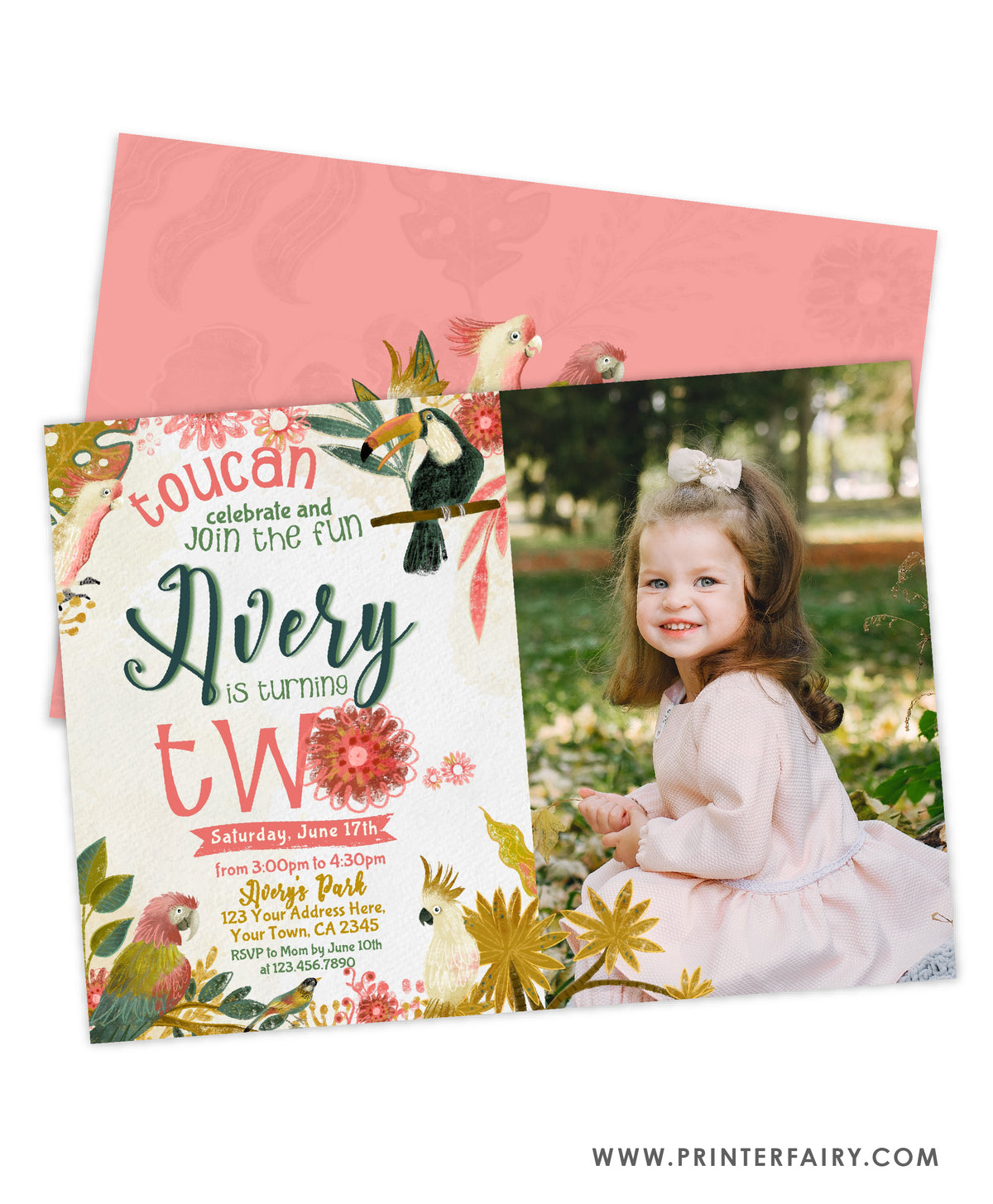 Tropical Birds Second Birthday Invitation with Photo