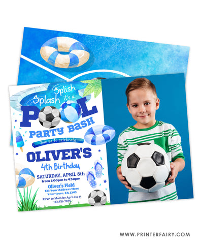 Pool & Soccer Birthday Party Invitation with photo