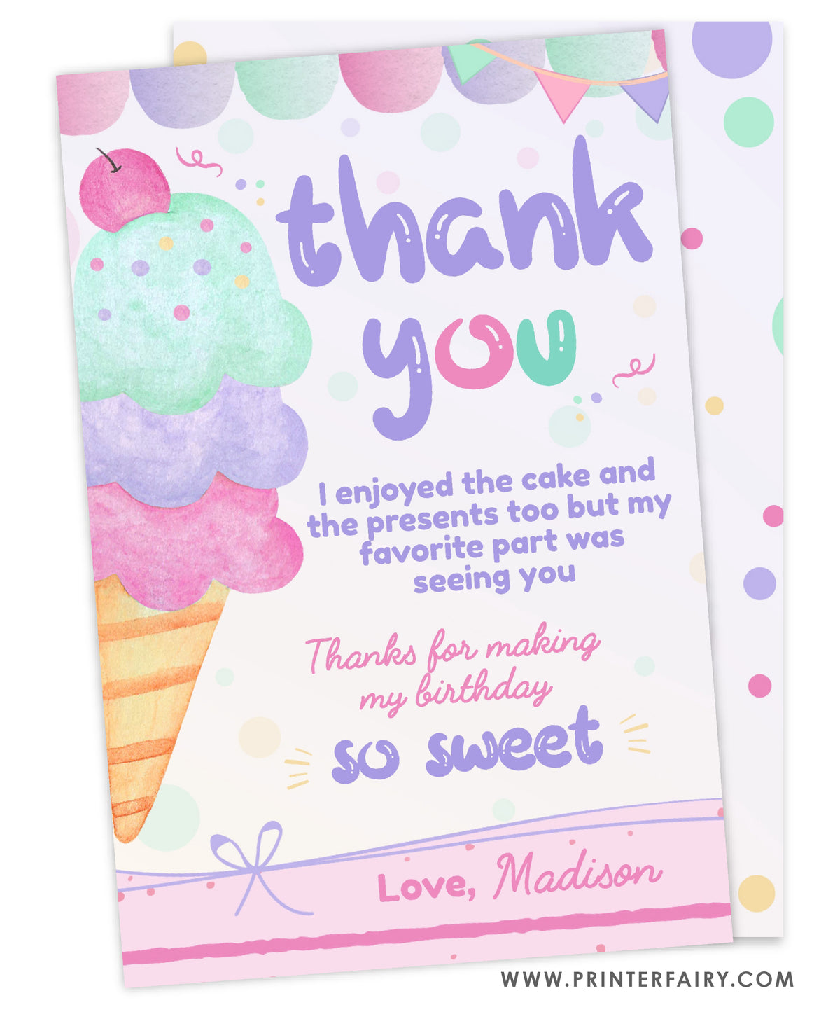 Ice Cream Birthday Party Thank You Card