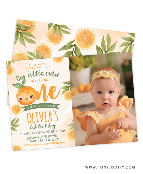 Sweet Orange First Birthday Party Invitation with photo