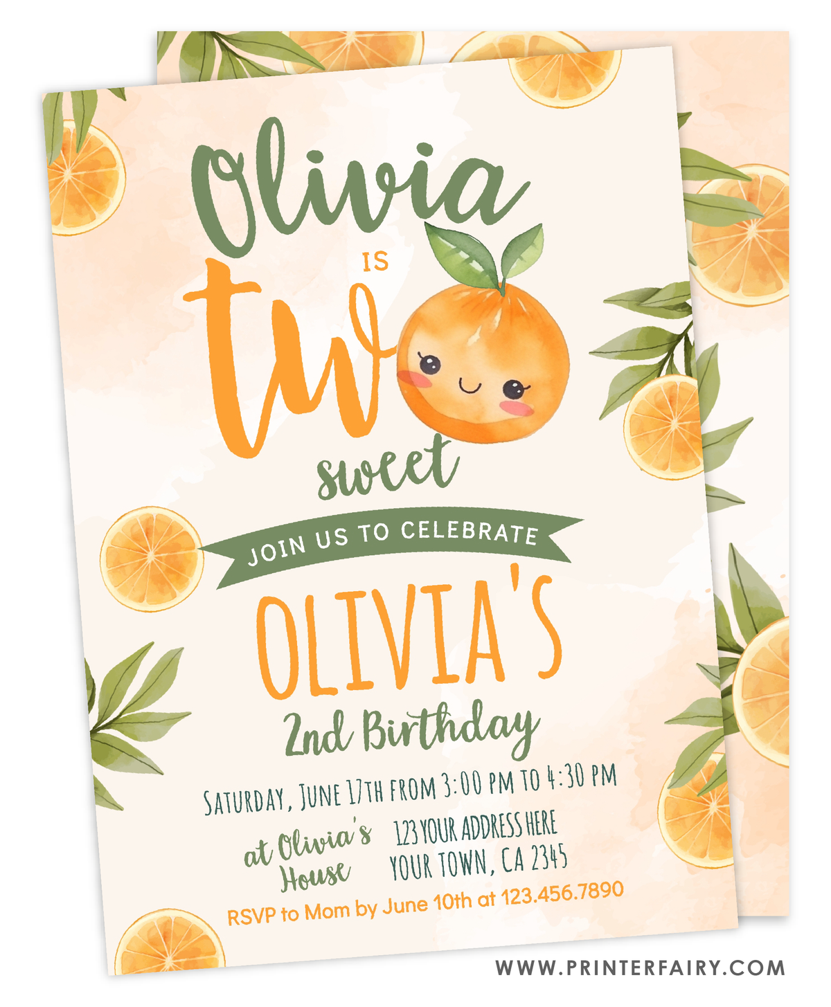 Sweet Orange Second Birthday Party Invitation