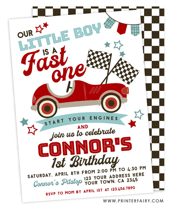 Race Car First Birthday Party Invitation