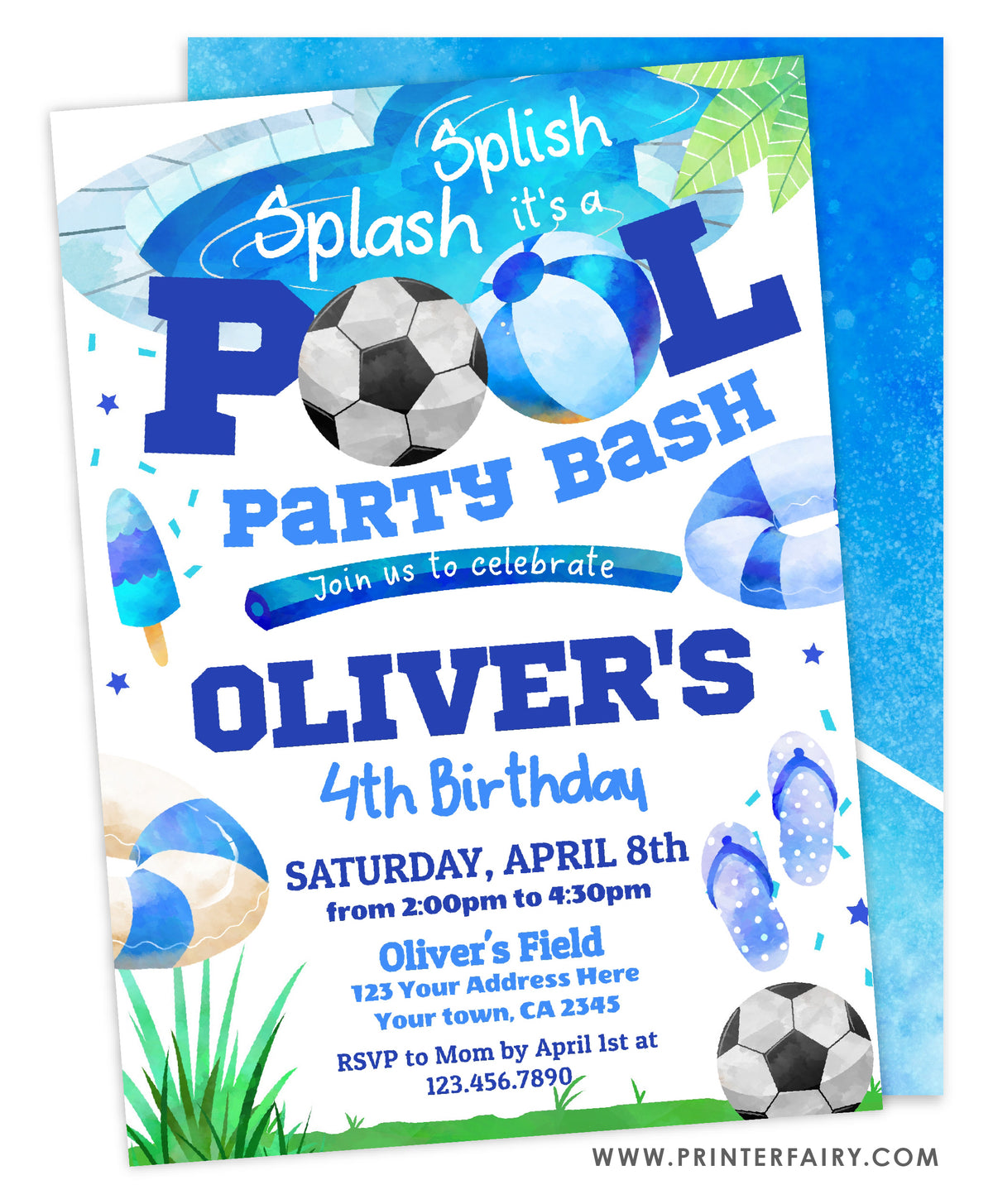 Pool & Soccer Birthday Party Invitation