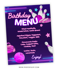 Bowling Birthday Party Menu