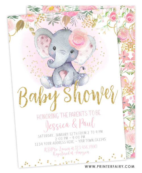 Elephant Floral Baby Shower Invitation