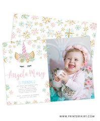 Unicorn Winter Birthday Invitation with Photo