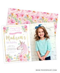 Unicorn Floral Birthday Invitation with photo