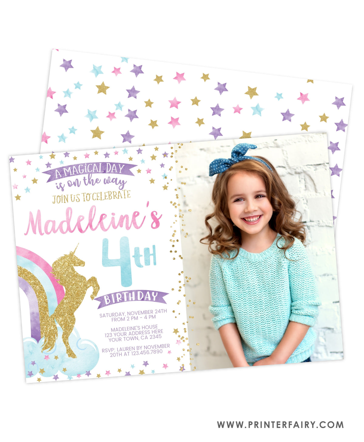 Unicorn Birthday Party Invitation with Photo