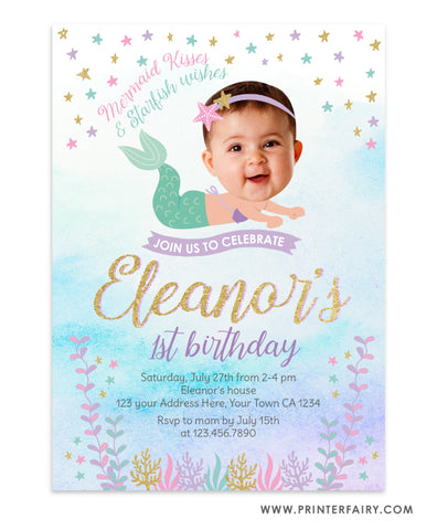 Baby Mermaid Birthday Invitation Place your Face