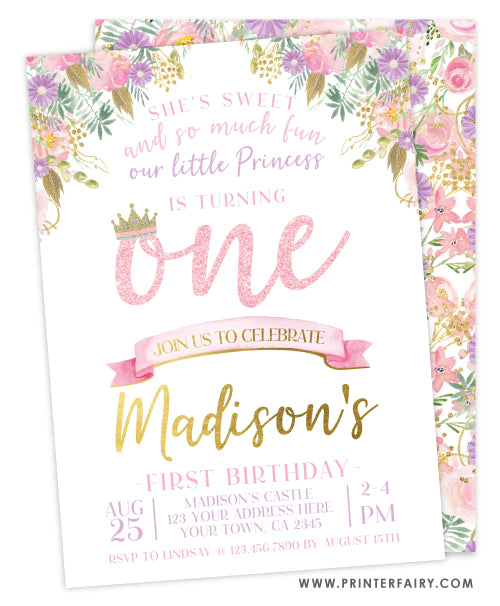 Princess First Birthday Party Invitation